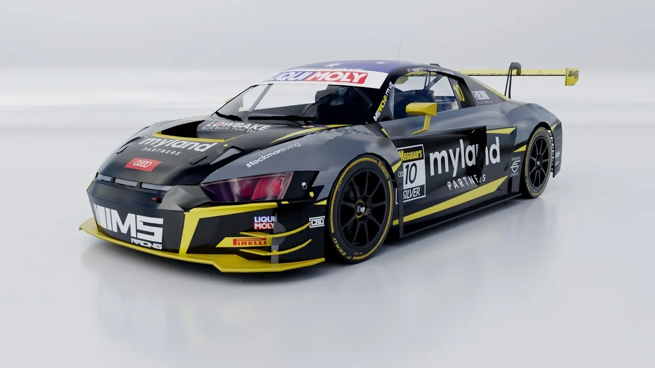 Computer-generated render of the black and yellow Myland Partners Audi R8 GT3, number 10, in the Silver Class
