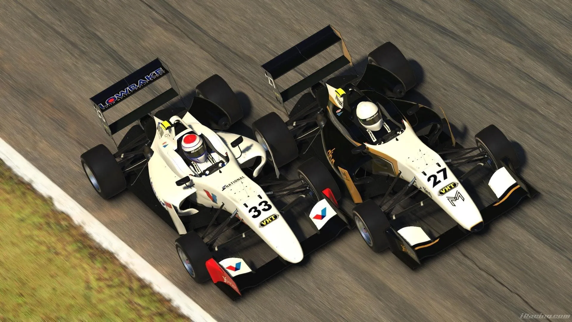 Sim racing screenshot of two open-wheel cars, a white #33 and a black and white #27, racing side by side from above