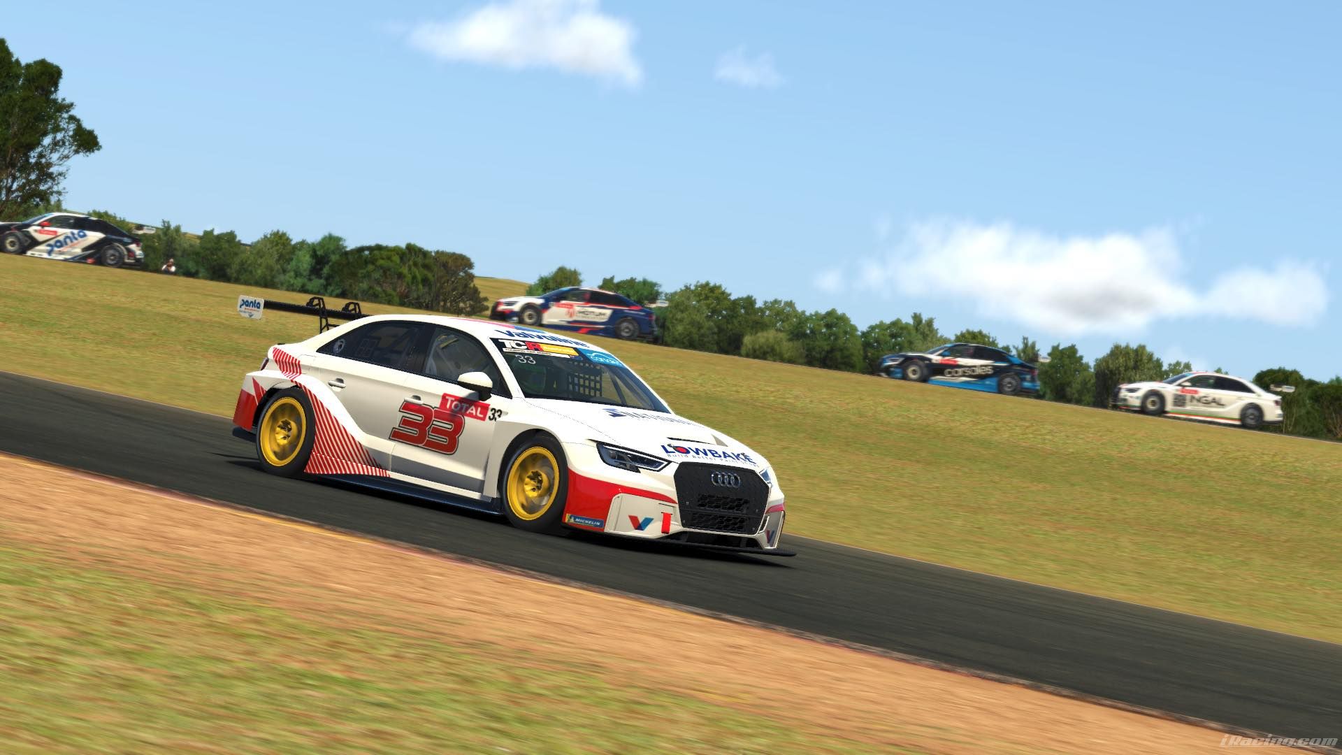Sim racing screenshot of a white #33 Audi RS3 TCR car on a grassy hillside circuit