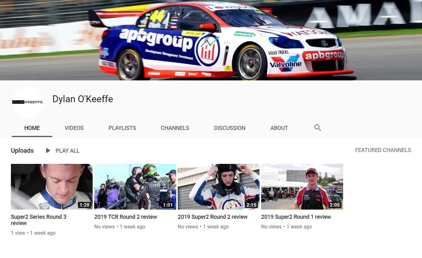 Screenshot of Dylan O’Keeffe’s YouTube channel home page with a banner of his #44 apbgroup Commodore and race review videos