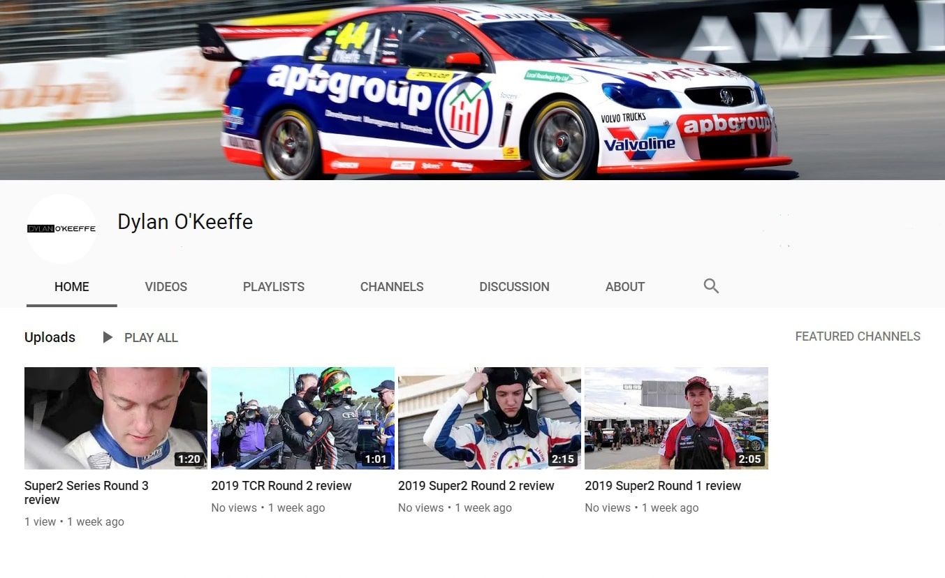 Screenshot of Dylan O’Keeffe’s YouTube channel home page with a banner of his #44 apbgroup Commodore and race review videos