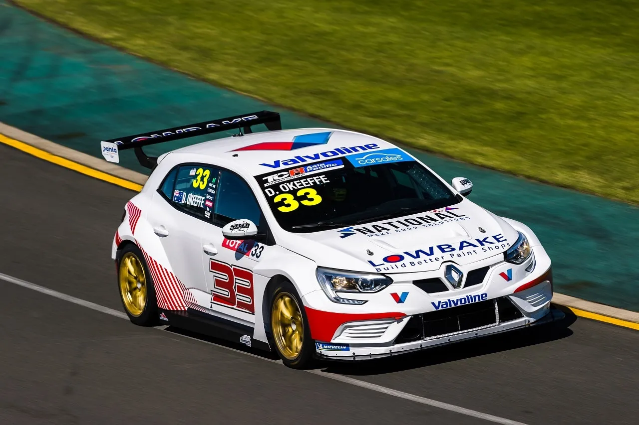 Dylan O’Keeffe’s white #33 Renault Megane RS TCR car with Lowbake and Valvoline livery on track at Albert Park