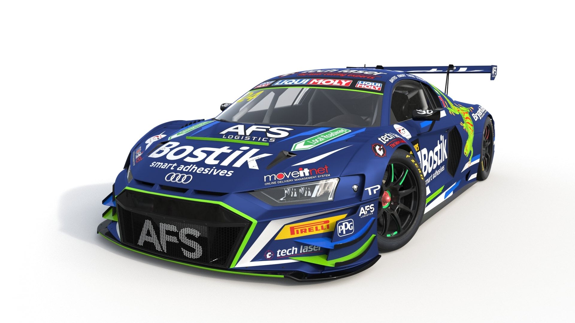 Studio render of the blue Bostik Audi R8 LMS GT3 car with green highlights and AFS logistics branding