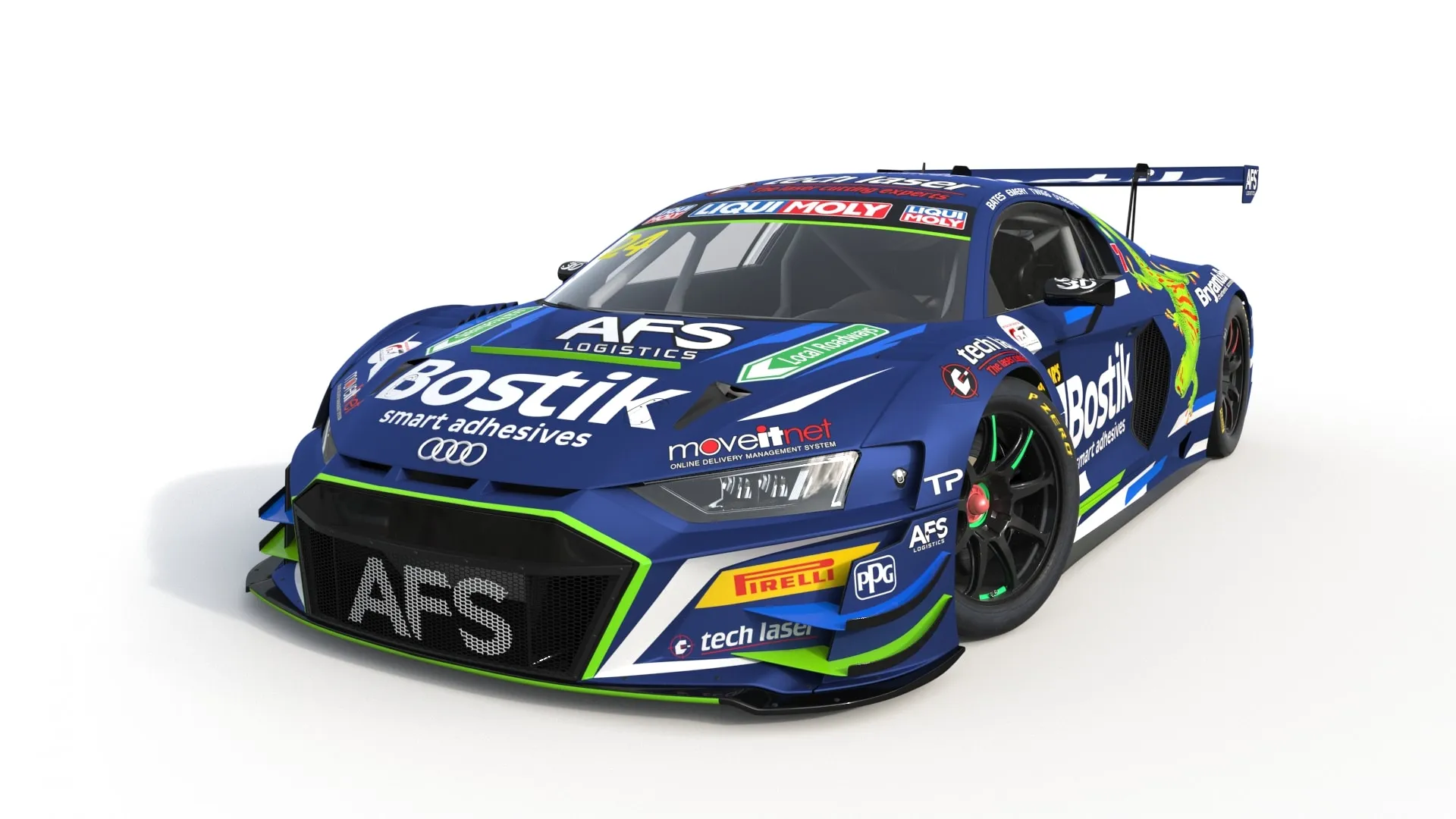 Studio render of the blue Bostik Audi R8 LMS GT3 car with green highlights and AFS logistics branding