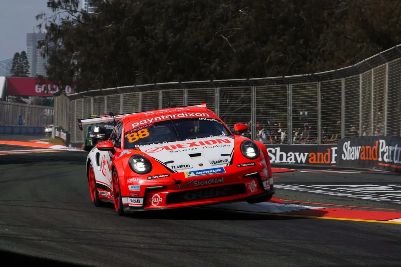 Dexion Porsche 911 GT3 Cup car #88 cornering on a street circuit