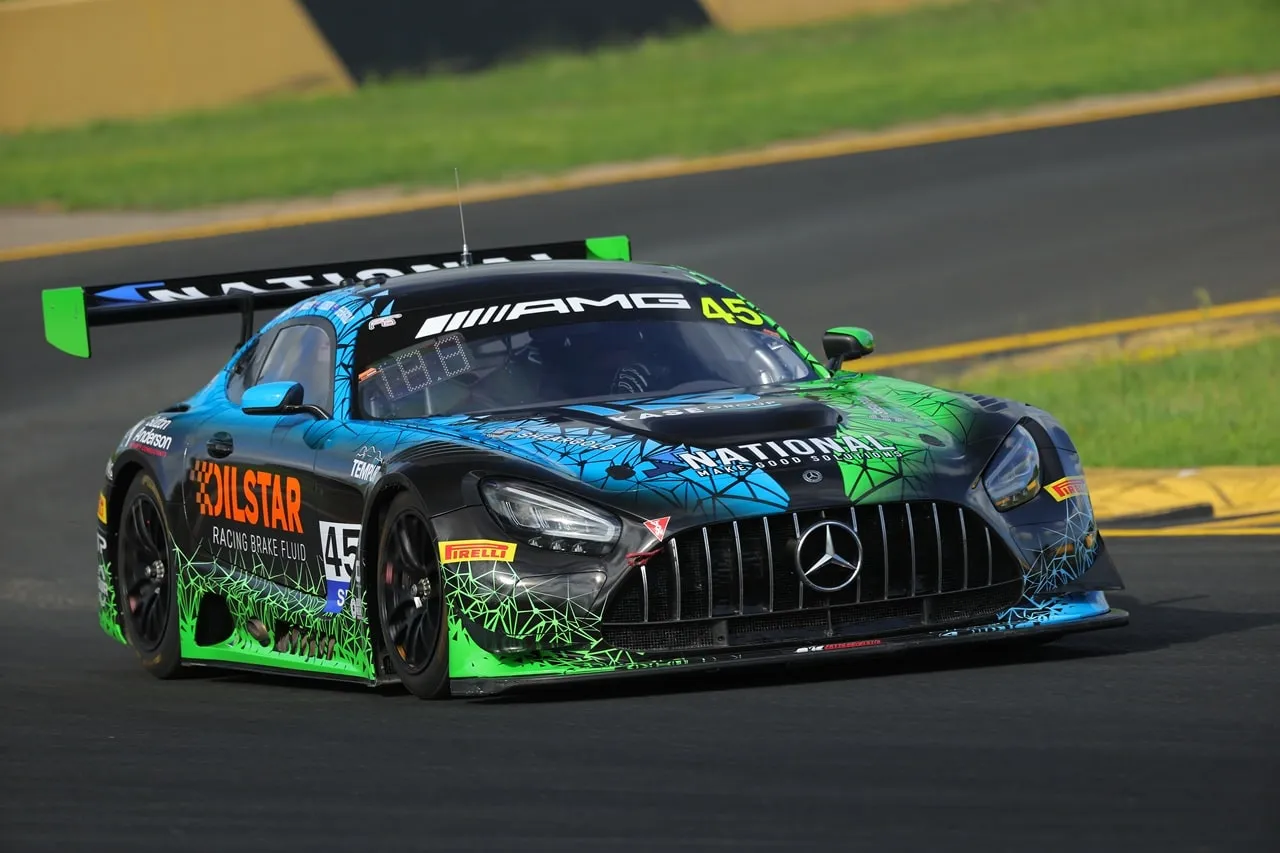 Mercedes-AMG GT3 in black, blue and green National livery, number 45, on track