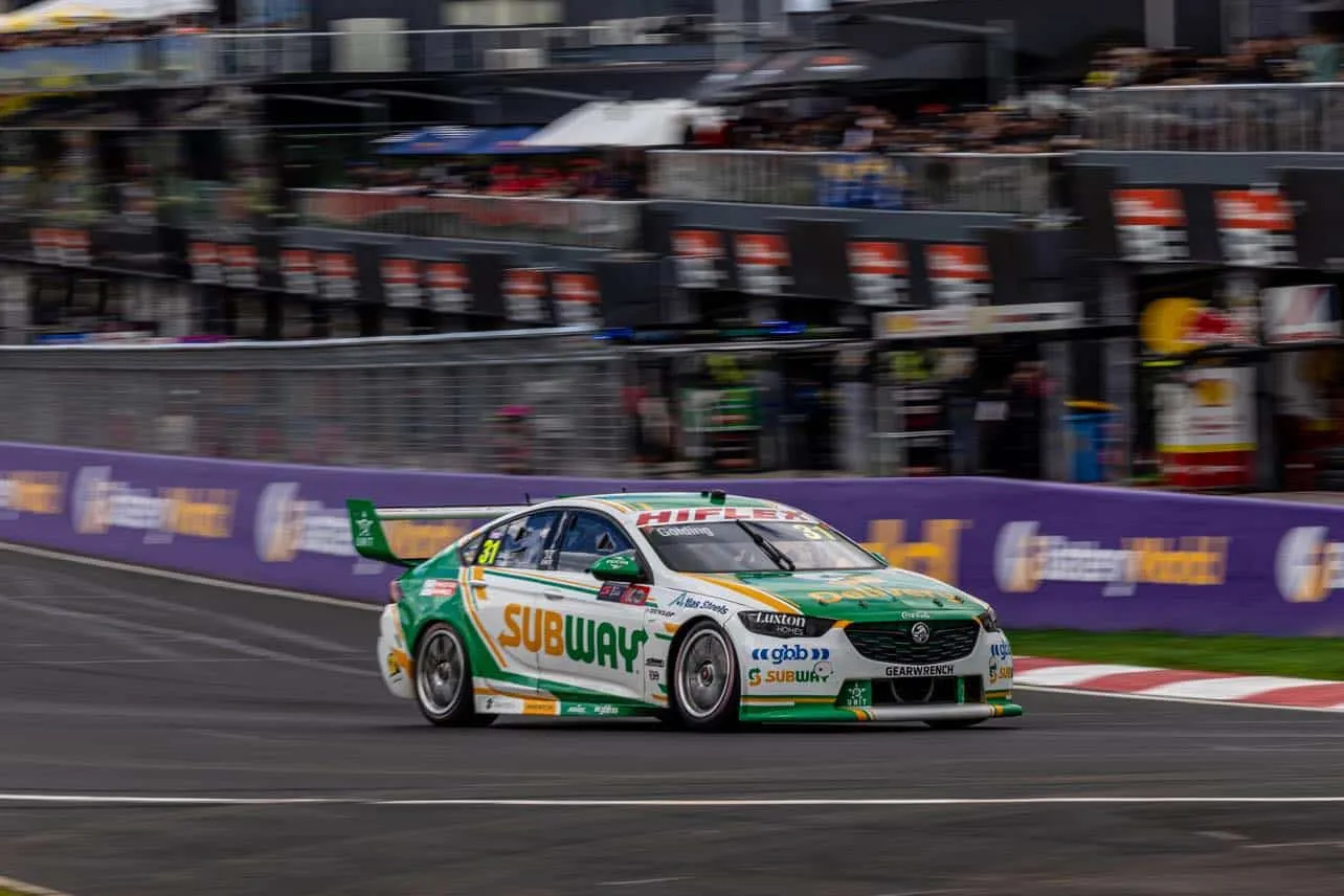The #31 Subway PremiAir Racing Supercar cornering at speed at Mount Panorama