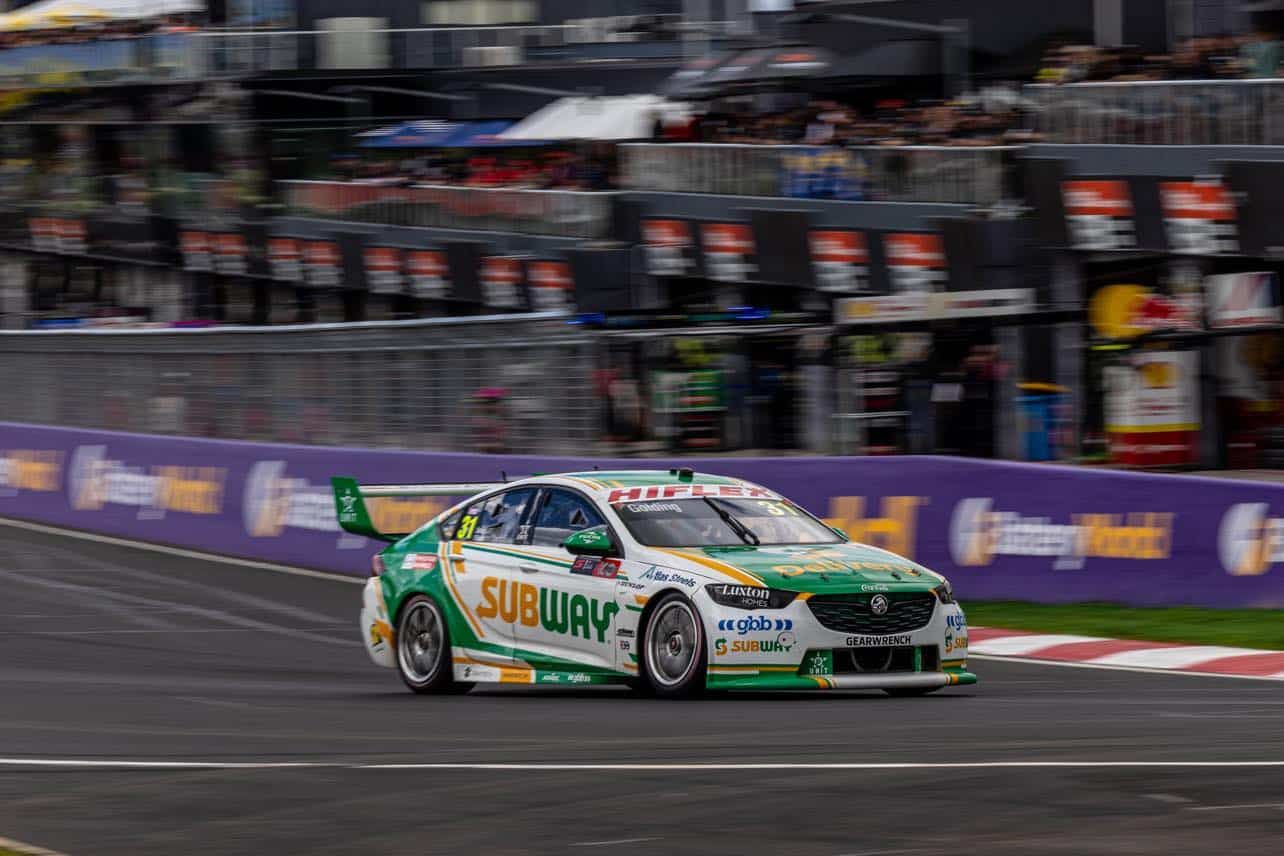 The #31 Subway PremiAir Racing Supercar cornering at speed at Mount Panorama