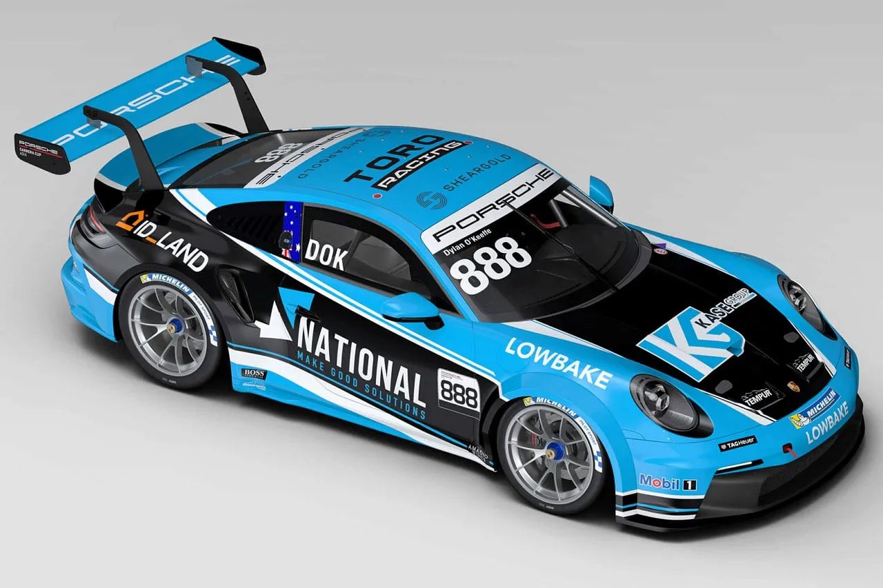 Computer render of the blue, black and white National-liveried Porsche 911 GT3 Cup car, number 888, from above the front
