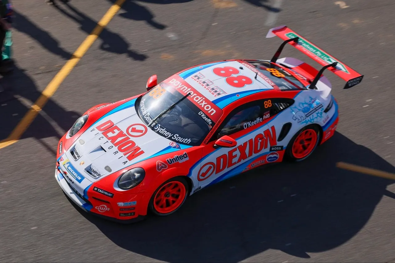 Overhead view of the number 88 Dexion Porsche 911 GT3 Cup car in pit lane