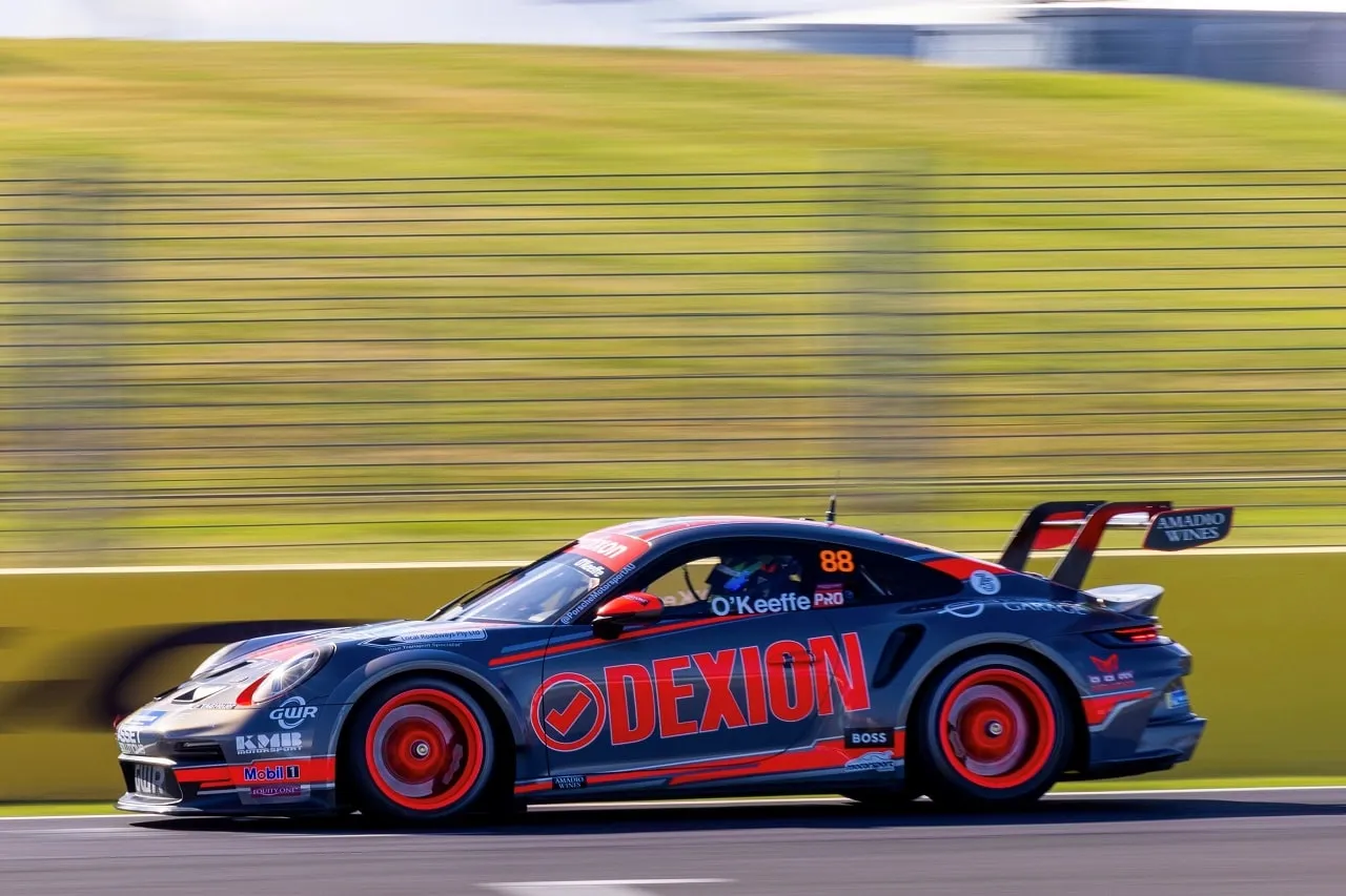 Side view of the number 88 Dexion Porsche 911 GT3 Cup car at speed on track, with a blurred grassy hillside behind