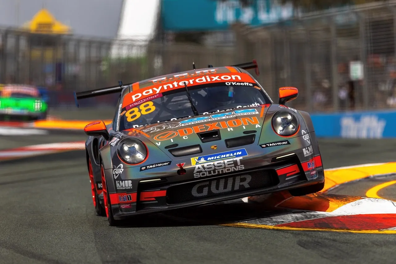 Front view of the number 88 Dexion Porsche 911 GT3 Cup car on the Gold Coast street circuit
