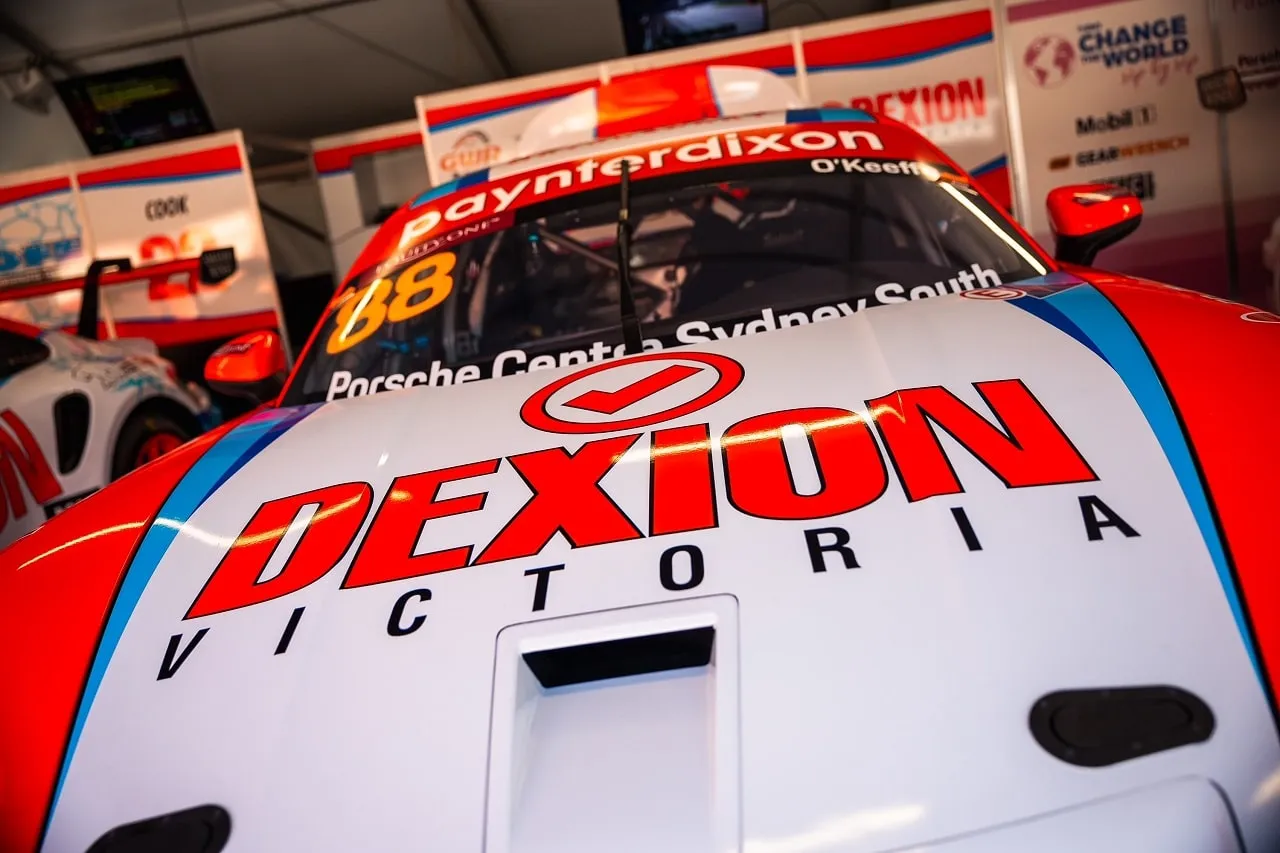 Close-up of the bonnet and windscreen of the number 88 Dexion Porsche Carrera Cup car in the garage