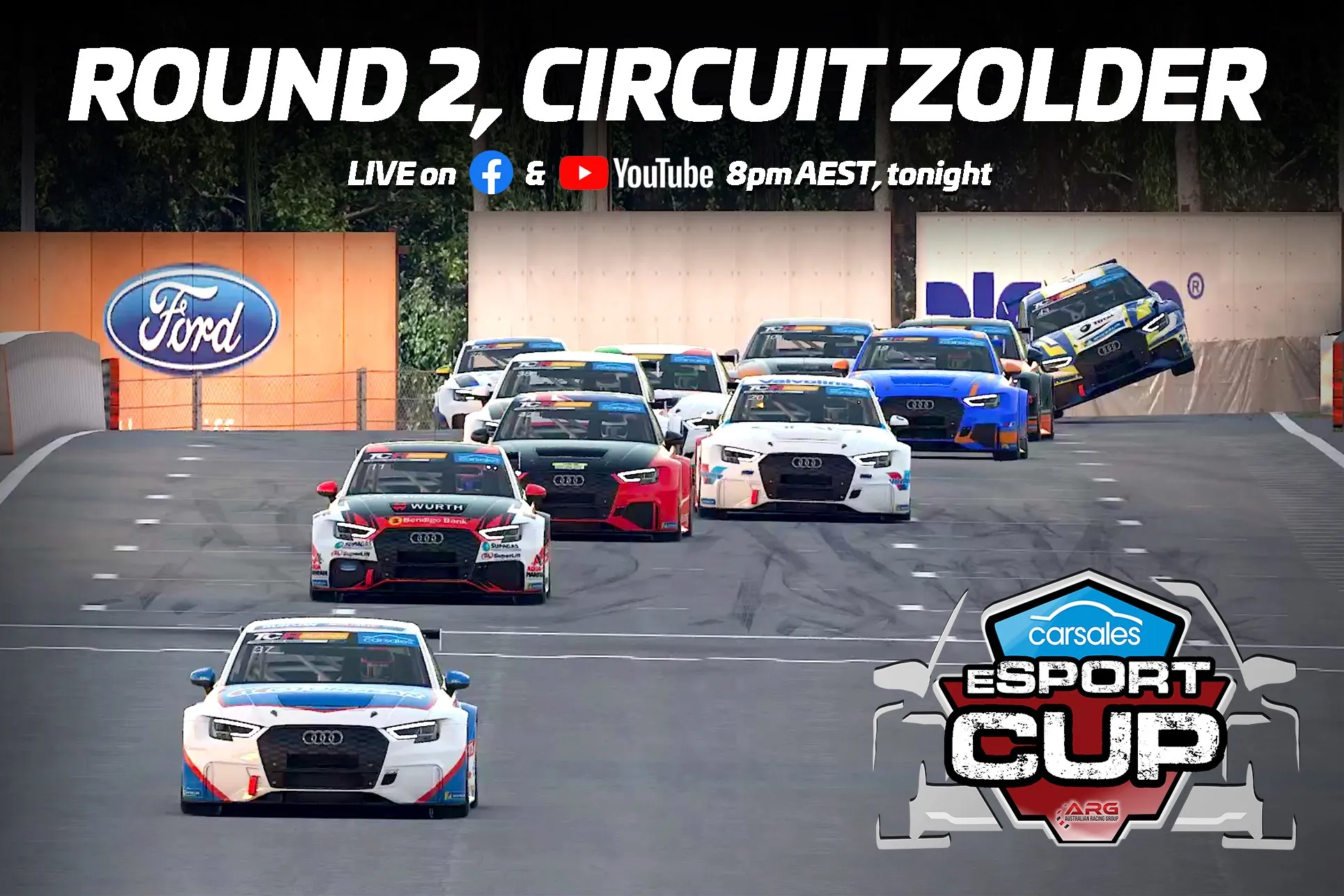Graphic for the Carsales eSport Cup Round 2, Circuit Zolder, showing a line of Audi TCR cars, live on Facebook and YouTube at 8pm AEST tonight