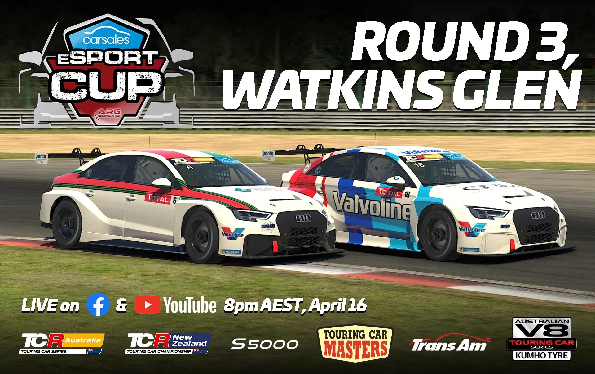 Graphic for the Carsales eSport Cup Round 3, Watkins Glen, showing two Audi TCR cars side by side, live on Facebook and YouTube at 8pm AEST, April 16