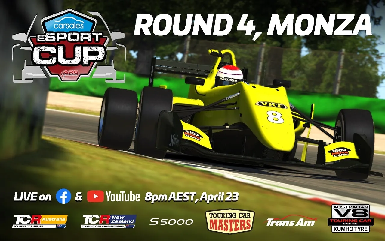 Graphic for the Carsales eSport Cup Round 4, Monza, showing a yellow open-wheel car and live on Facebook and YouTube at 8pm AEST, April 23