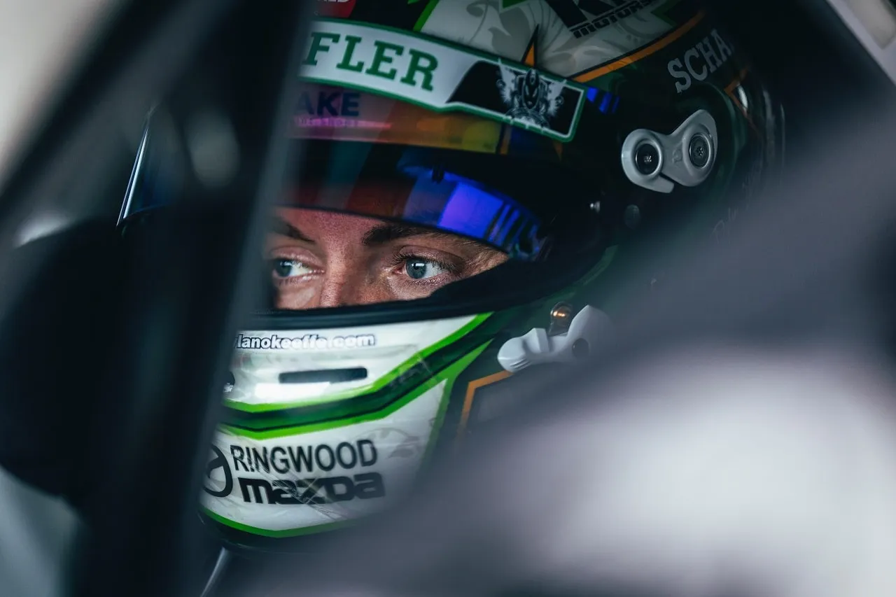 Close-up of Dylan O’Keeffe’s eyes inside his Schaeffler and Ringwood Mazda helmet