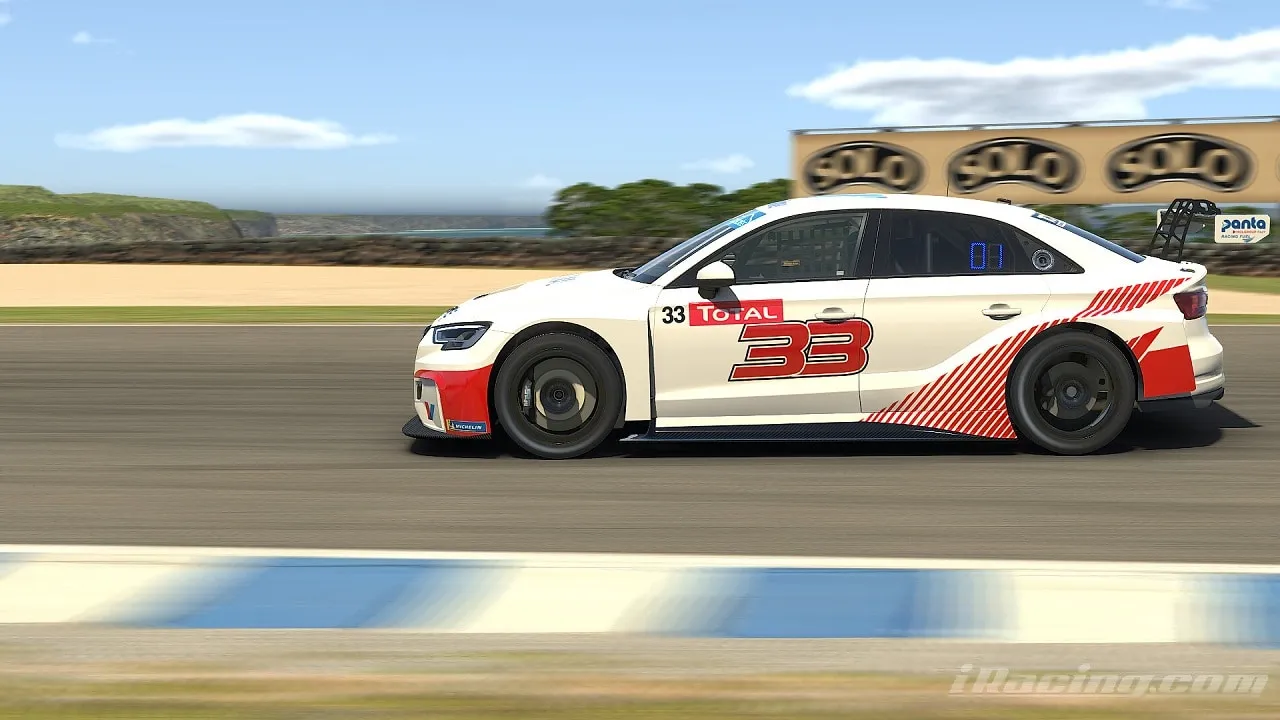 Sim racing screenshot of the white #33 Audi RS3 TCR car on track, side on, in front of coastal scenery