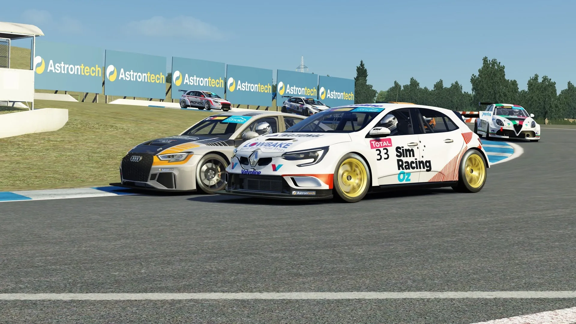 Sim racing screenshot of the white #33 Sim Racing Oz Renault TCR car alongside a grey Audi with Astrontech signs behind