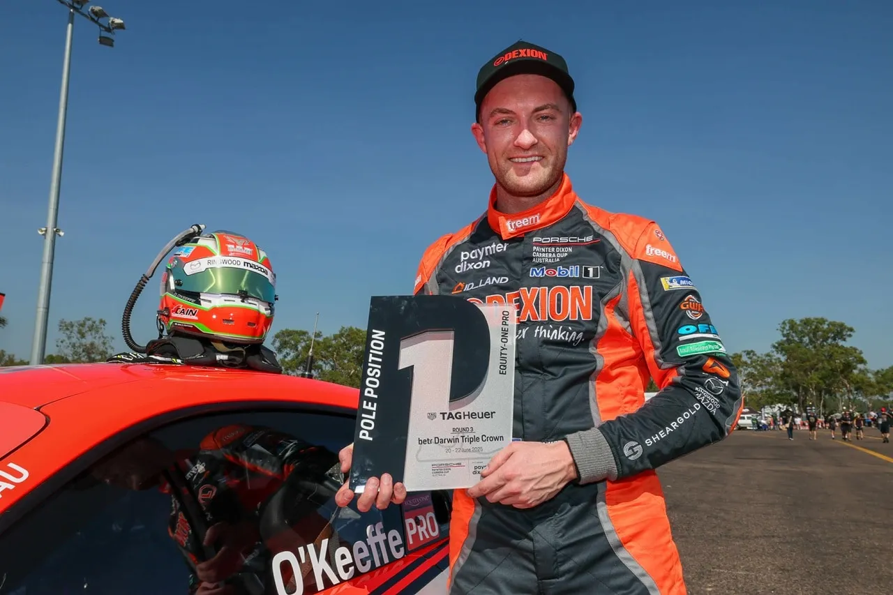 Dylan O’Keeffe smiling and holding a Pole Position trophy for the betr Darwin Triple Crown