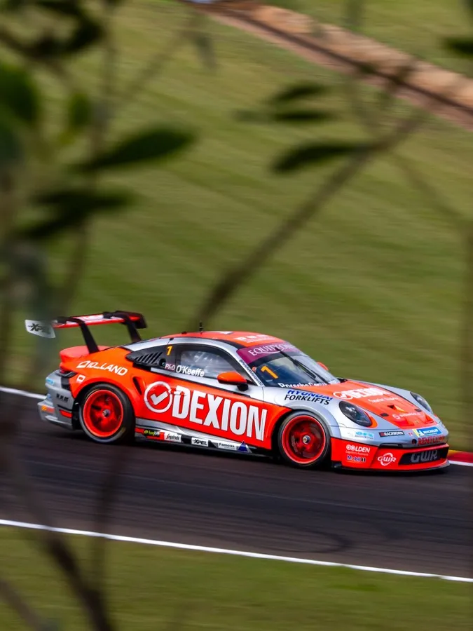 The Dexion Porsche on track, framed by leaves in the foreground