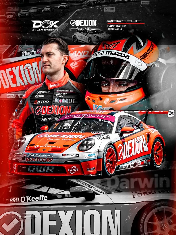 Darwin round graphic with Dylan O’Keeffe, his helmet and the Dexion Porsche
