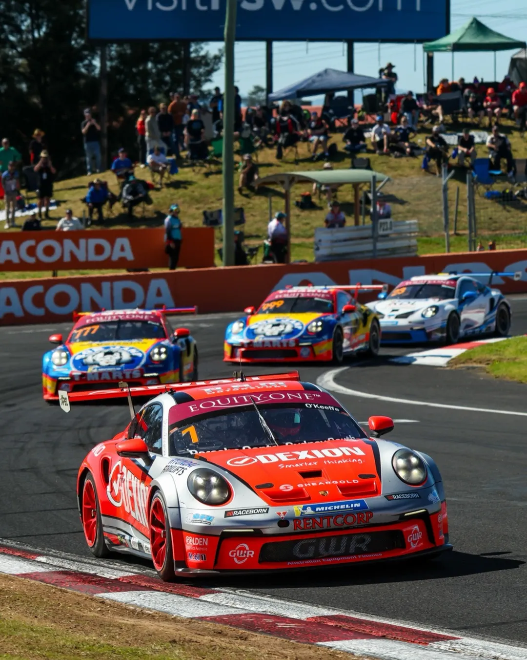 Carrera Cup cars racing past a hillside of spectators at Mount Panorama, Bathurst
