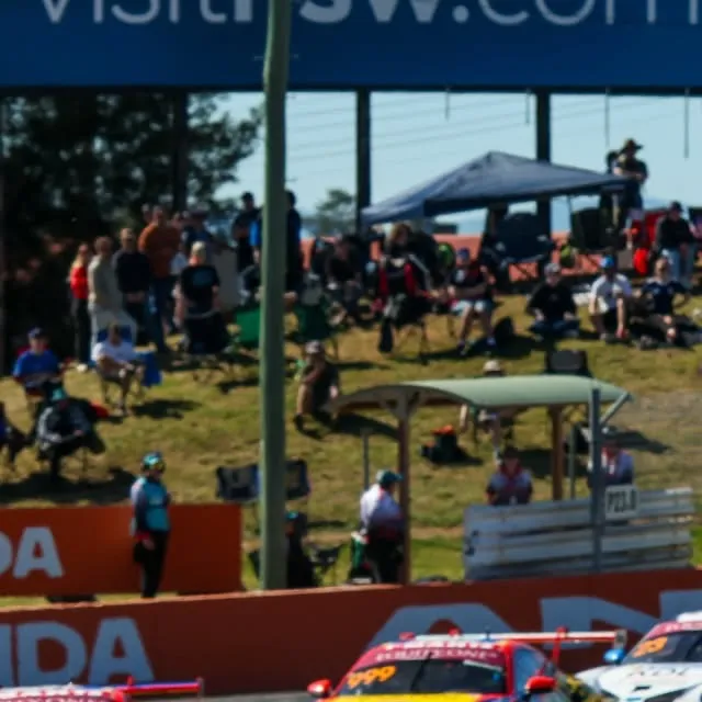 Carrera Cup cars racing past a hillside of spectators at Mount Panorama, Bathurst