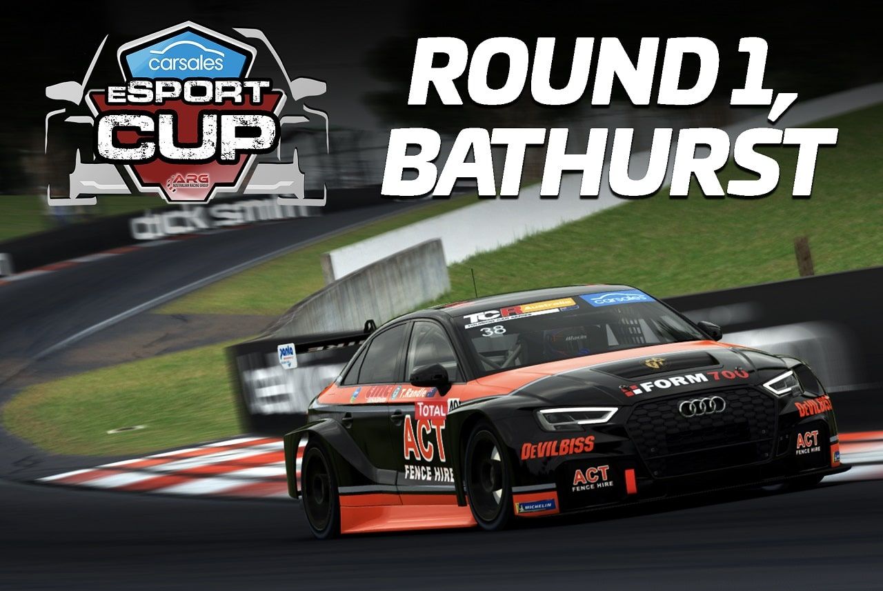 Graphic for the Carsales eSport Cup Round 1, Bathurst, showing a black Audi TCR car with ACT Fence Hire livery
